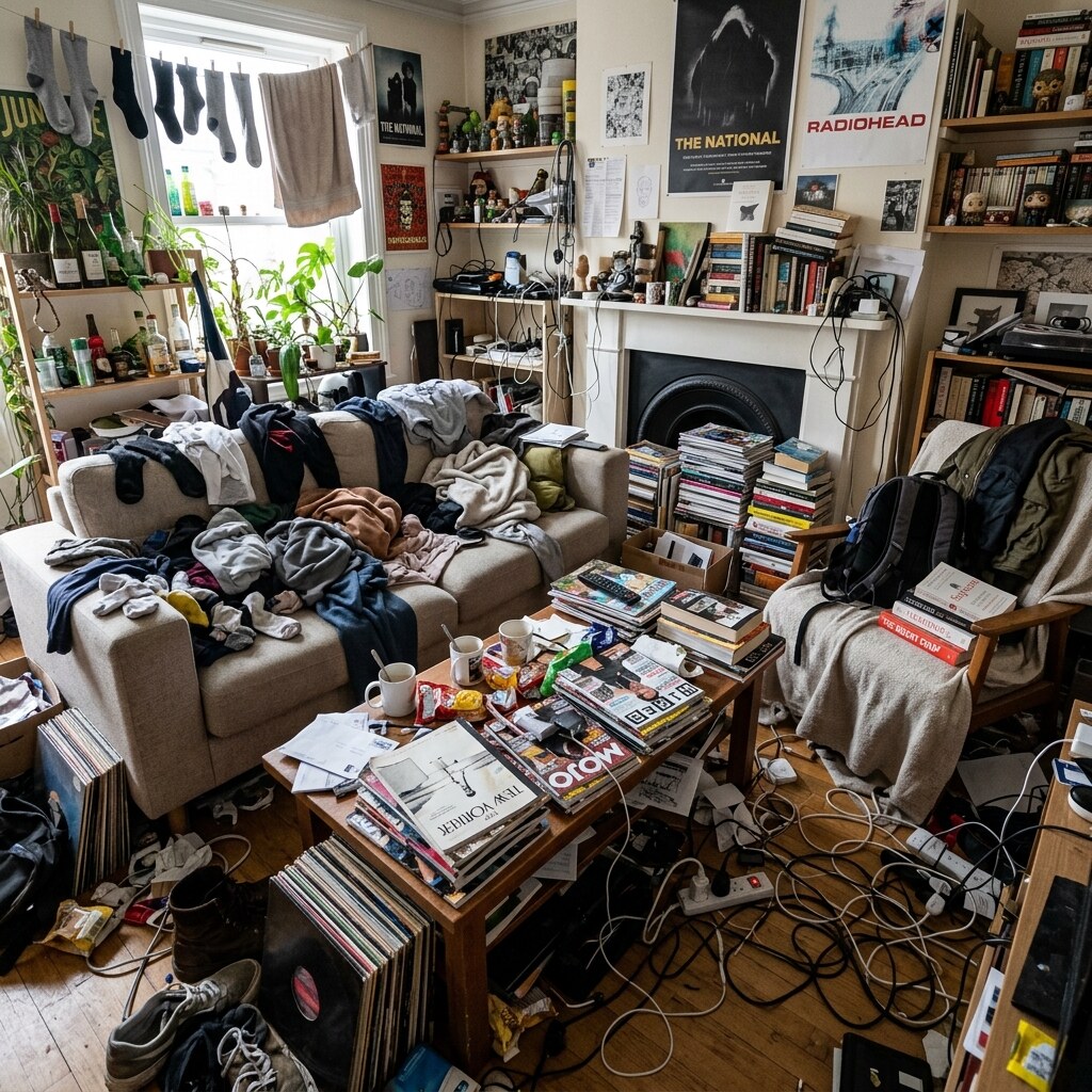Cluttered messy living room