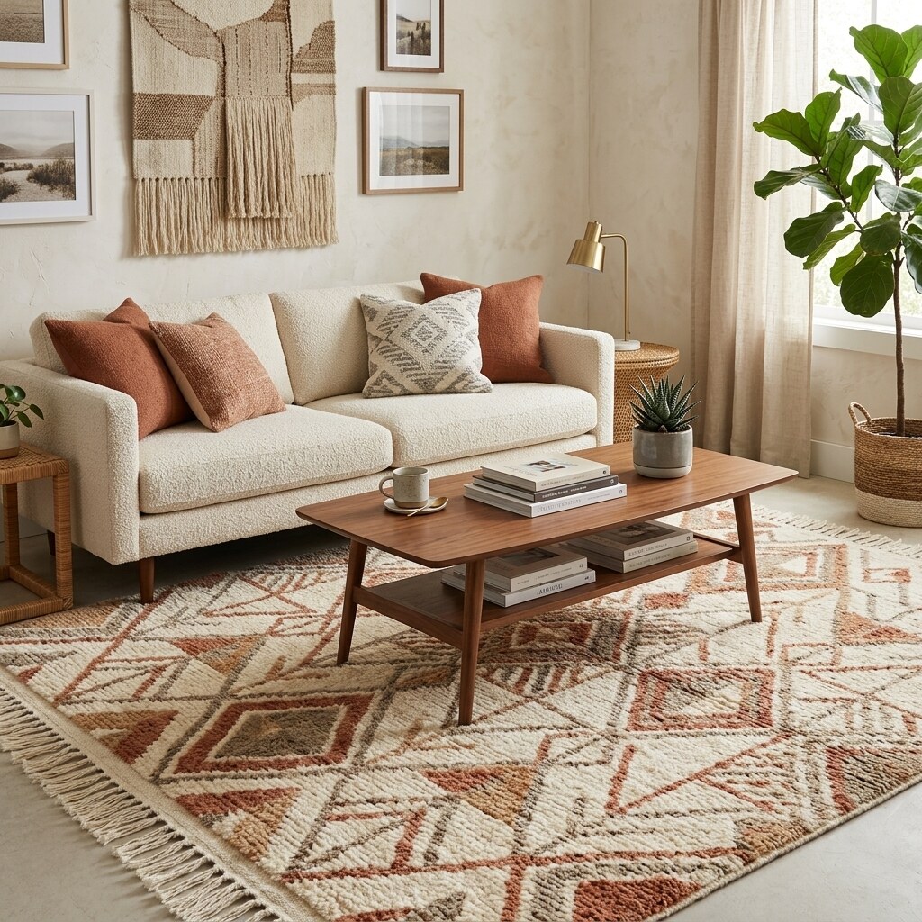 the same rug styled into a real, decorated living room
