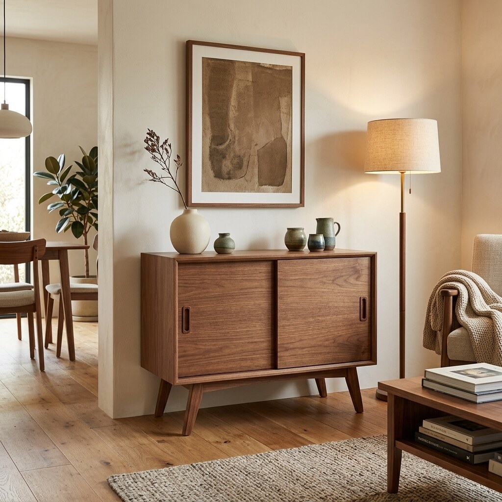 the same sideboard styled into a real, decorated living-dining room